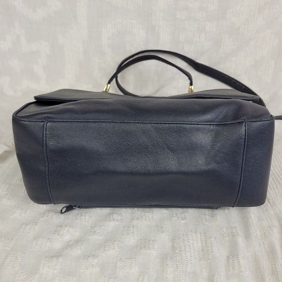 Navy blue shoulder bag long strap short handle satchel gold accents grandma chic - Picture 7 of 11